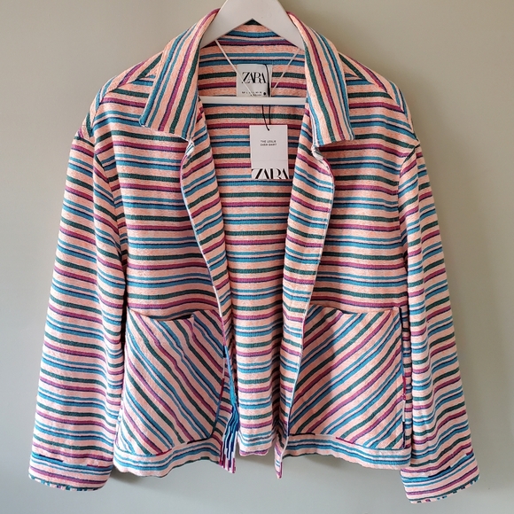 NWT Zara L Lagenlook Boho Hippie  Rainbow Neon Striped Oversized Leslie Shirt - Picture 2 of 15